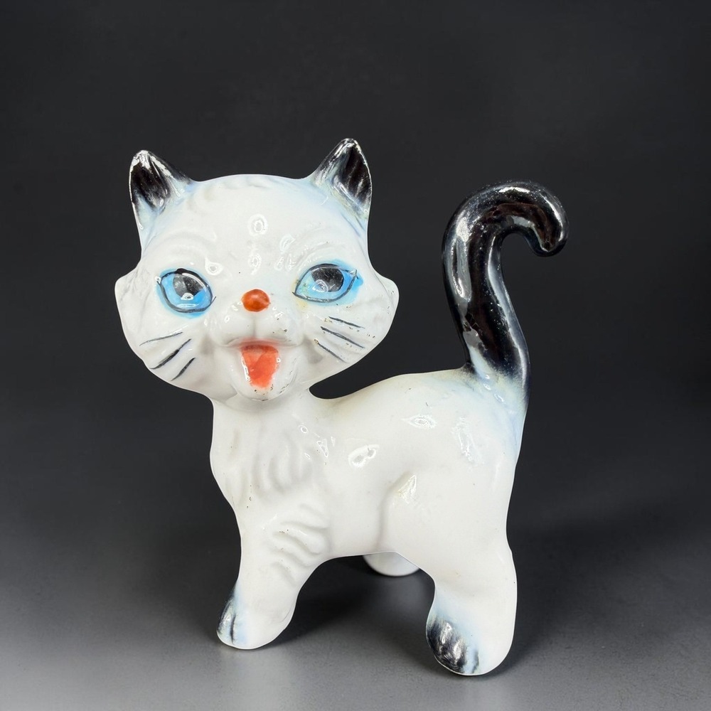 Vintage Ceramic Kitten Figurine Blue Eyes Black Tail White Cat Miniature 2 inch